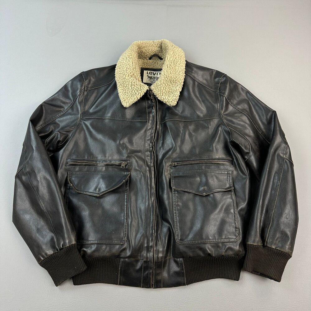 Vintage Levis Jacket Mens XL Brown Faux Leather Sherpa Lined Bomber Trucker Y2K